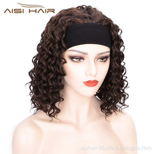 Aisi Hair Short Heat Resistant Synthetic Curly Wigs Half Ladies 3/4 Wig With Headband Brown Wigs Long Straight for Women